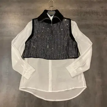 

Spring Cloth Suit 2020 New Vertical Stripes Water Drill Knitting Vest + Long Sleeve Shirt Two Piece Set Female Trend Blouse Tops