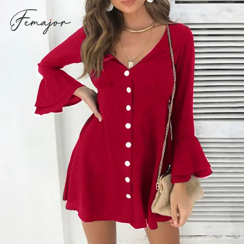 

Femajor 2019 Autumn Dress Women Fashion Red Short Party Dress Female Winter Long Sleeve Lace up Mini Dress Large Size Vestidos