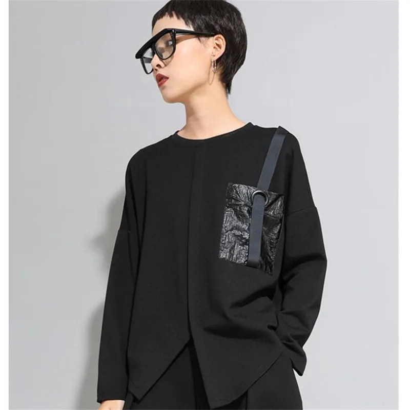 

Autumn black irregular woman t-shirt Punk Harajuku Split t shirt Elastic material tee shirt femme oversized t shirt