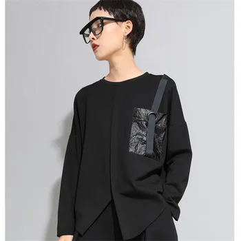 

Autumn black irregular woman t-shirt Punk Harajuku Split t shirt Elastic material tee shirt femme oversized t shirt