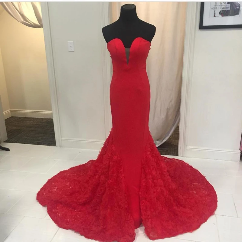 HWTX_Bridal красное вечернее платье русалки с 3D цветами шлейфом милое длинное платье русалки для выпускного вечера Vestidos de fiesta de noche