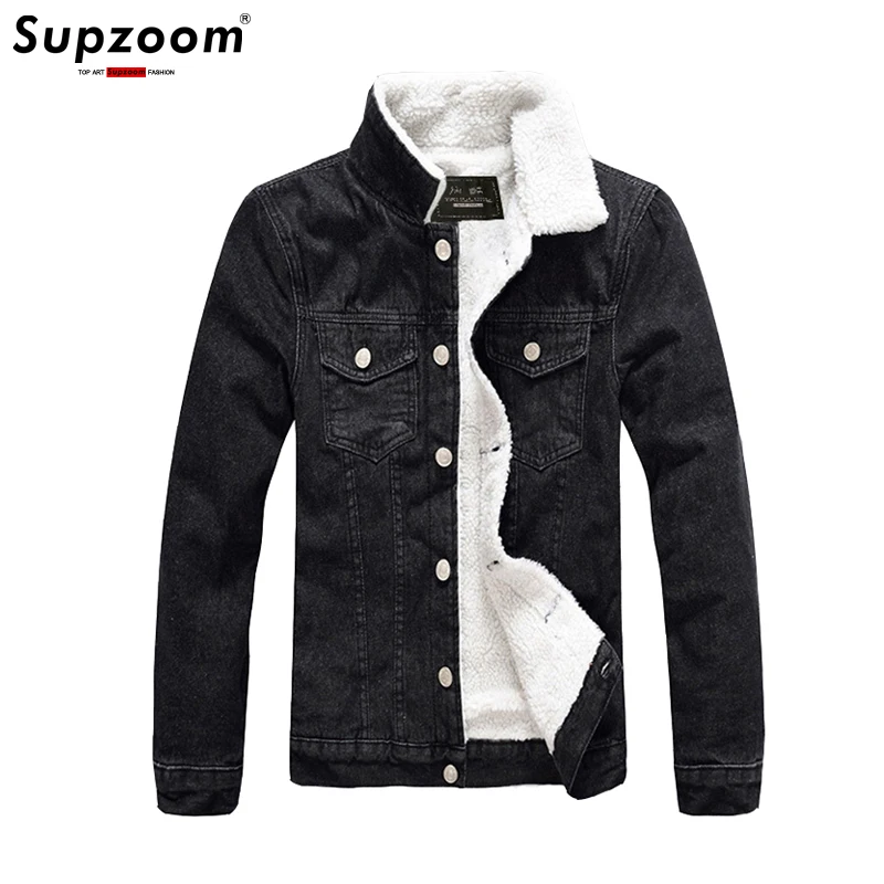 2020 New Arrival Winter Black Men Plus Velvet Denim Jeans Single Breasted Cotton Solid Turn-down Collar Short Bomber Jacket