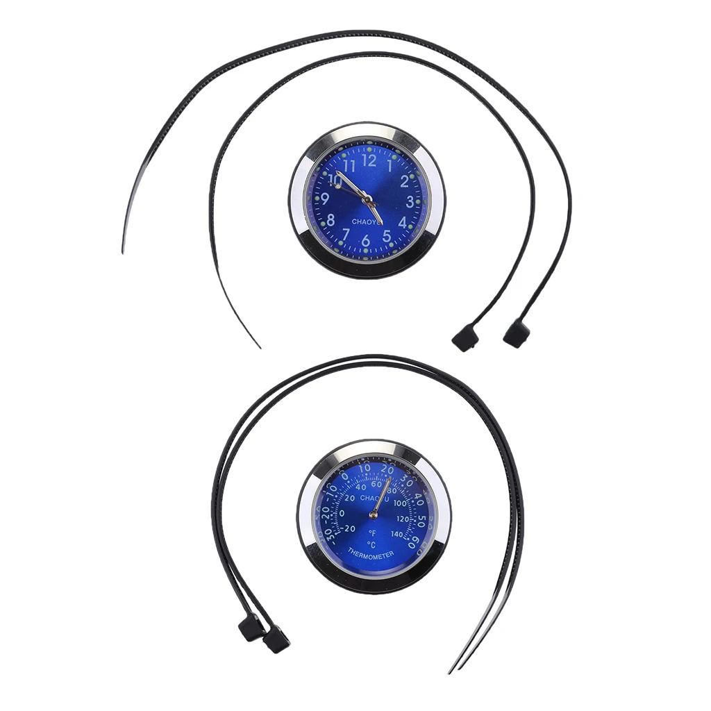 2pcs Universal Thermometer Motorcycle Handlebar Mount Watch Clock Waterproof Dial and Temp Temperature Gauge- Blue