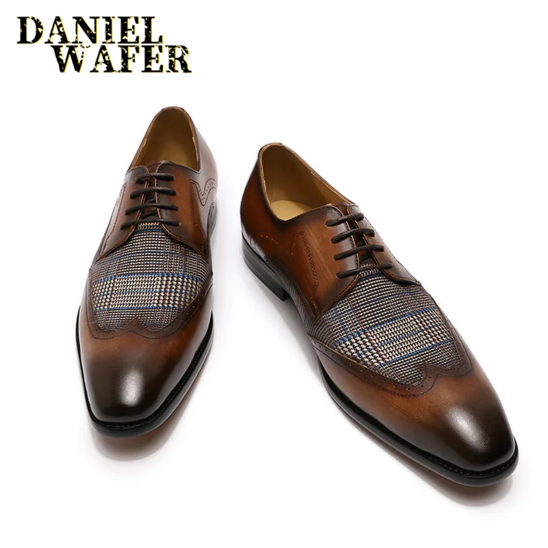 LUXURY BRAND GENUINE LEATHER DERBY OXFORD SHOES BLACK BROWN LACE UP WINGTIP PATCHWORK FASHION MEN LEATHER SHOES FOR FORMAL DRESS
