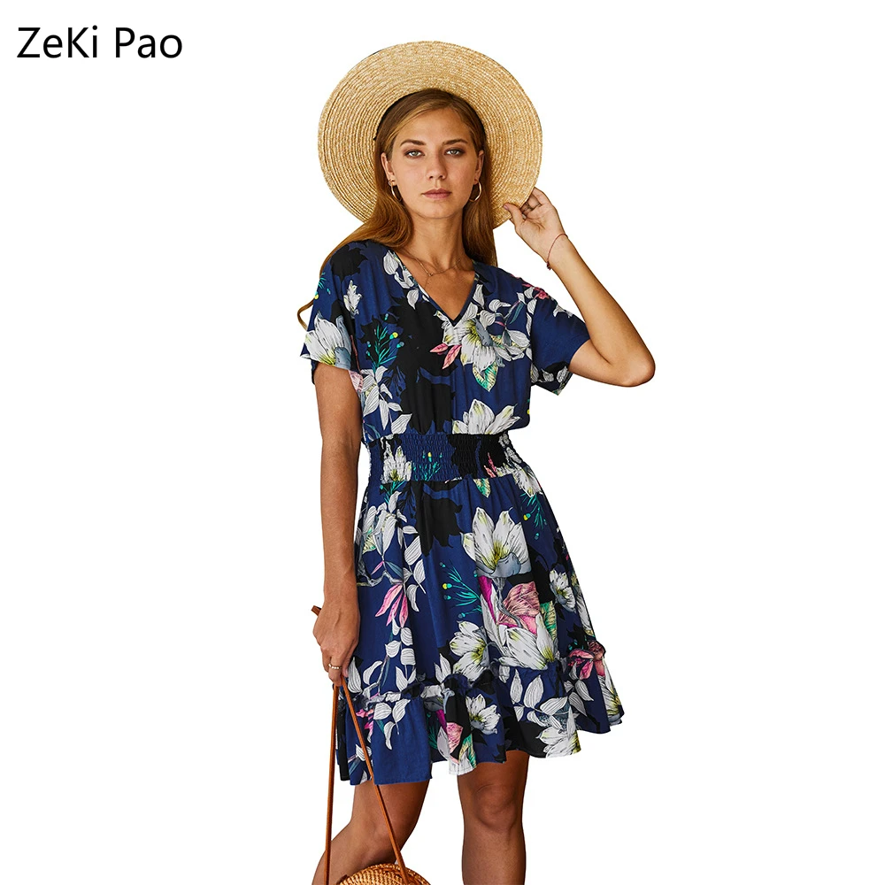 

2020 Boho Floral Print Summer Dress Women Chiffon Ruffles Sexy V Neck Short Sleeve A Line Mini Dresses Beach Vacation Sundress