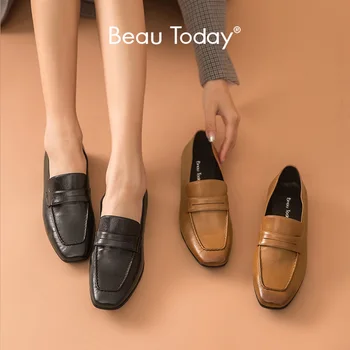 BeauToday Penny Loafers Women Genuine Cow Leather Square Toe Slip On Spring Female Casual Flat Heel Shoes Handmade 27134 2018 spring low heel casual shoes patent leather loafers british style fashion slip on shoes 3cm