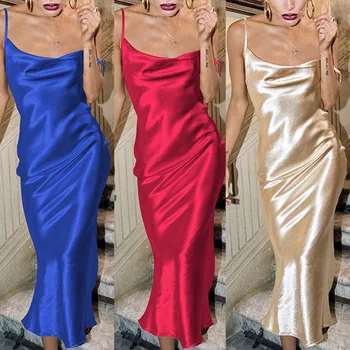 

Womens Elegant Straps Party Dress Low Chest Sleeveless Bodycon Long Sling Dress TC21