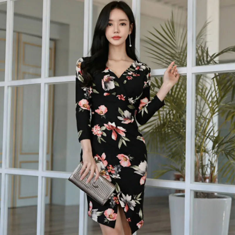 

Autumn 3/4 Sleeve V-Neck Mini Bodycon Irregular Dress Flower Print Sheath Sexy Women Vestidos