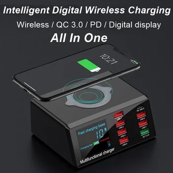 

100W 8 Port USB Charger Dock Wireless Charging+18W PD+QC3.0 Fast Charge Station Led Display Phone USB Adapter for IPhone Android
