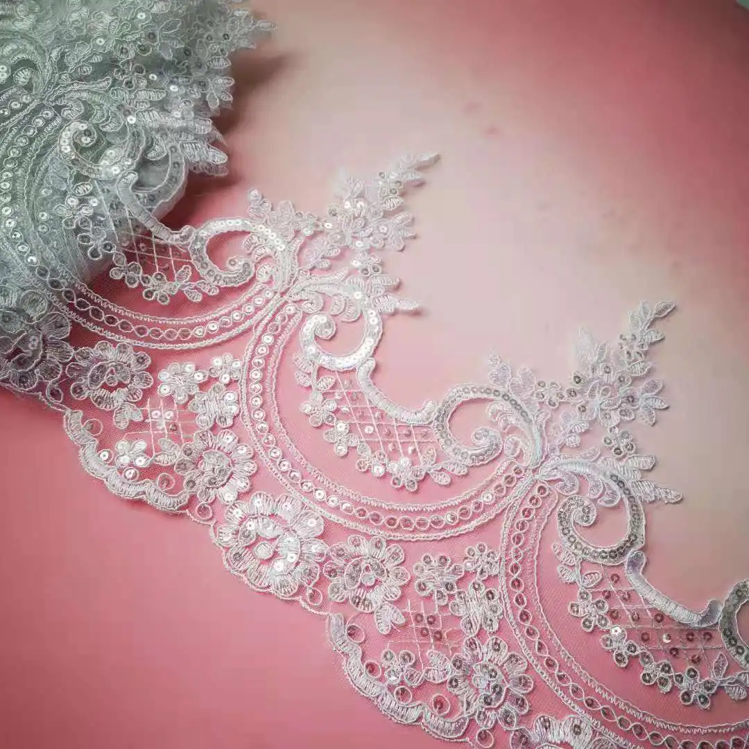 

9Yards 23cm Wide Pure White Ivory Sequins Edge Polyester Embroidery Lace Trim for Bridal Wedding Gown Costume Design Lace Ribbon