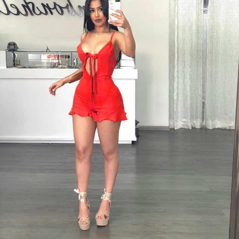 Комбинезон женский на бретельках, с глубоким V-образным вырезом и оборками, оранжевый, лето 2019