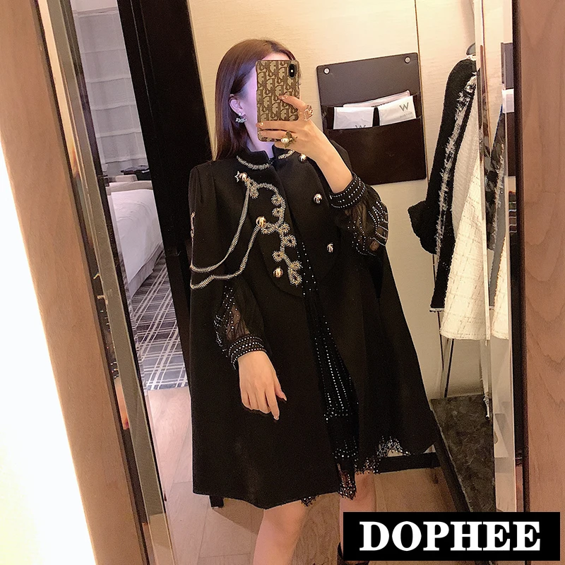 Черная шаль плащ твидовое пальто женское осеннее и зимнее длинное пальто британский Хепберн ветер металлические украшения свободное шерстяное пончо накидка