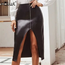 FQLWL искусственная из искусственной кожи женские юбки Футляр Сплит молния линия черный обёрточная бумага миди юбка Женская Осенняя женская сексуальная клубная юбка