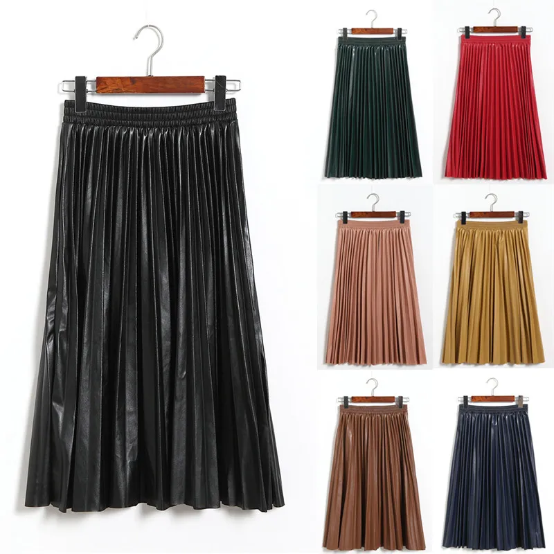 Women High Waist PU Leather Pleated Skirts Skater Casual Maxi Skirt Long Winter Black Red Green Coffee