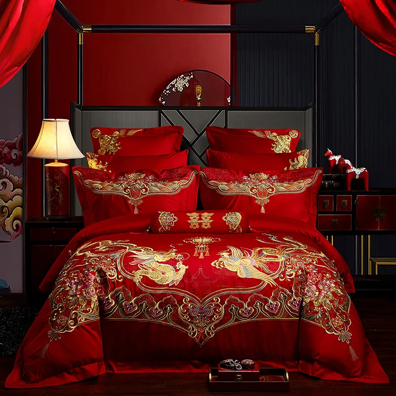 New Luxury 60s Egyptian Cotton Red Wedding Bedding Set Gold Phoenix Loong Embroidery Duvet Cover Bed Sheet Bedspread Pillowcases Bedding Sets Aliexpress