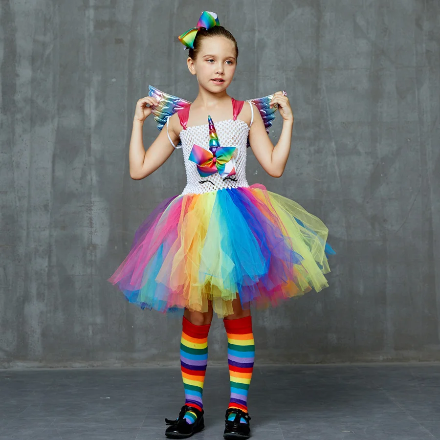 Unicorn Princess Costume Girls Rainbow Tutu Dress Set with Wings and Socks for Kids Birthday Halloween Party Tulle Dress (4)