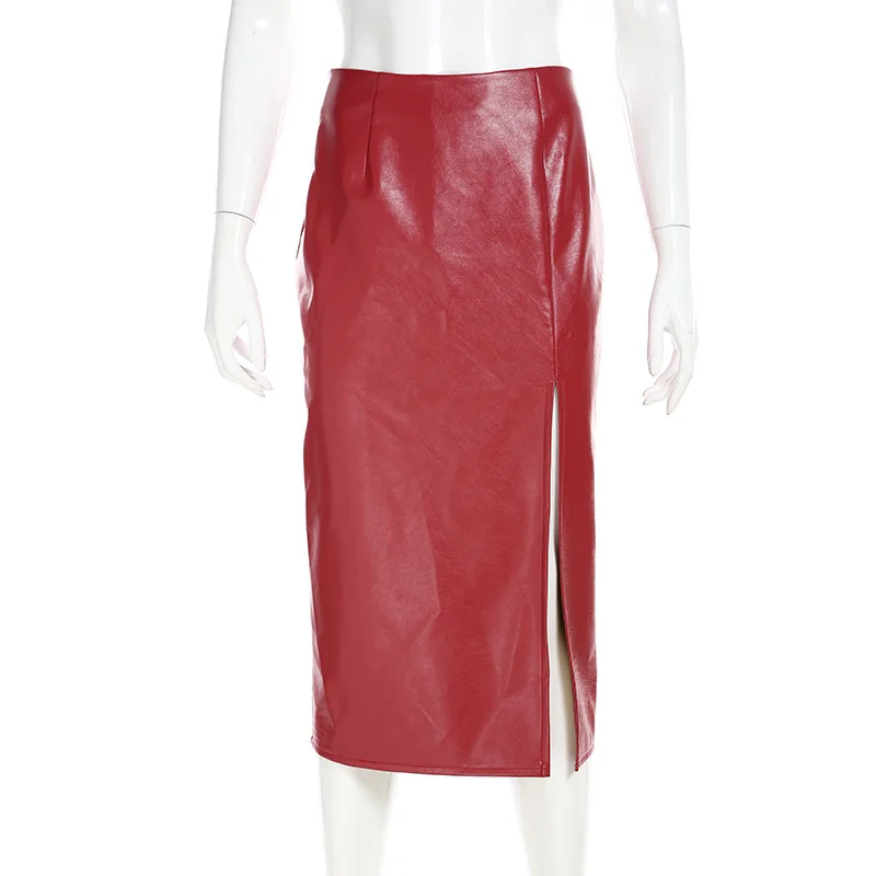 Skirts UIDEAZONE, красные женские юбки из искусственной кожи, сексапильная Женская юбка, облегающая, облегающая, до середины икры,, осенняя уличная одежда - Цвет: Skirts
