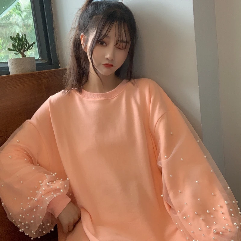 orange Осенняя Женская толстовка с капюшоном Babydoll Kawaii Nets Пряжа Бисероплетение топы студенческие свободные однотонные топы с длинными рукавами консервативный стиль - Цвет: orange