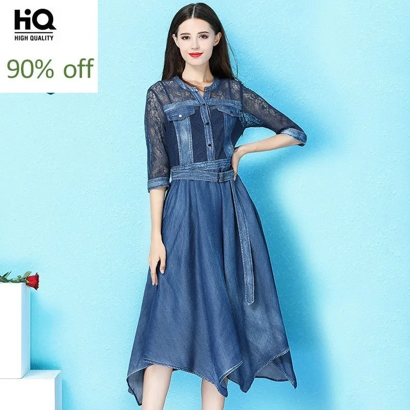 Zomer Harajuku Onregelmatige A-lijn Denim Jurken Met Riem Vrouwen Mid Lange Kant Spliced Fashion Party Jurk Office Lady Elegant Nieuwe Zomer Harajuku Onregelmatige A-lijn Denim Jurken Met Riem Vrouwen Mid Lange Kant Spliced Fashion Party Jurk Office Lady Elegant Nieuwe