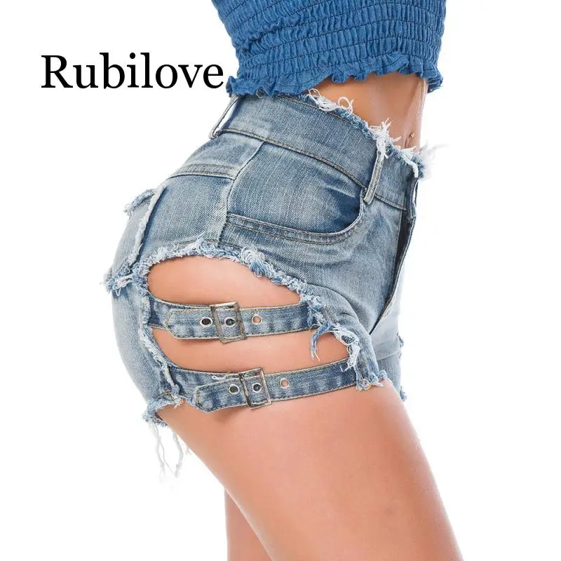 Rubilove, летние сексуальные джинсовые шорты для женщин, выдалбливают, повязки, панк рок, шорты с высокой талией - Цвет: Blue