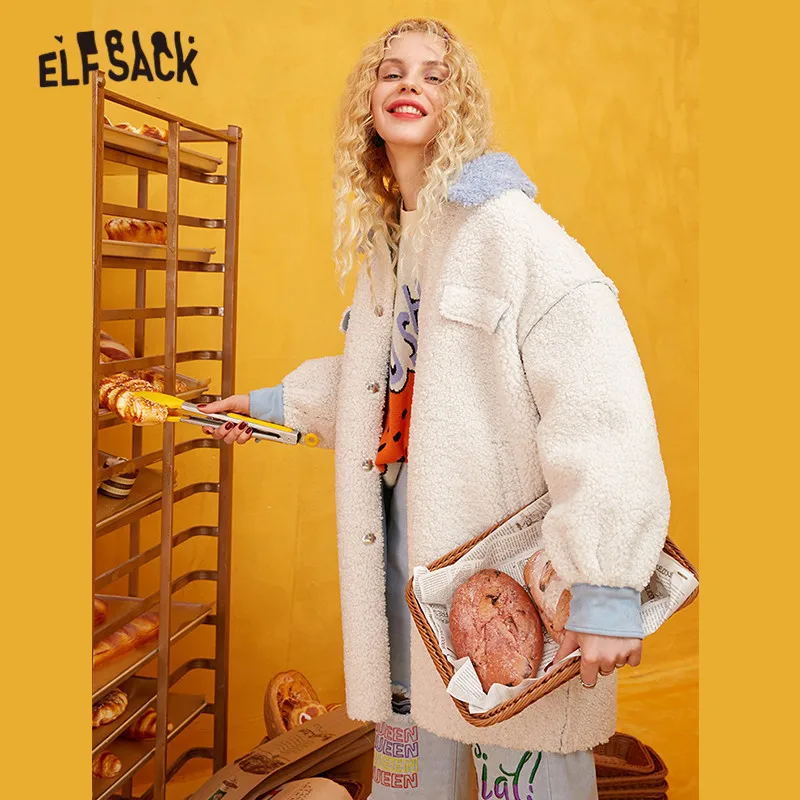 ELFSACK, белое, контрастная отделка, милое, длинное, плюшевое пальто, женская одежда, зима, новая мода, корейский стиль, женская верхняя одежда