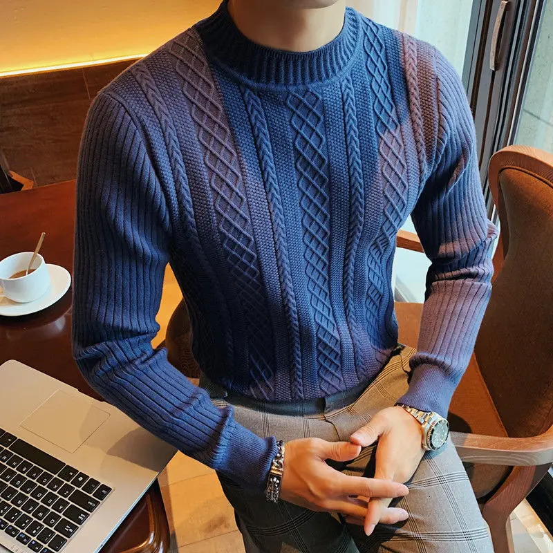 Gocgt Mens Mens Slim Sweater Simple Pure Color Pullover Linen High Neck Blouses