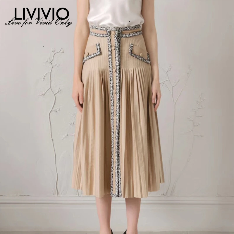 

[LIVIVIO] Tweed Lace Women's Skirts High Waist Button Pocket Pleated A Line Female Skirt 2019 Autumn Fashion Clothing New Fall