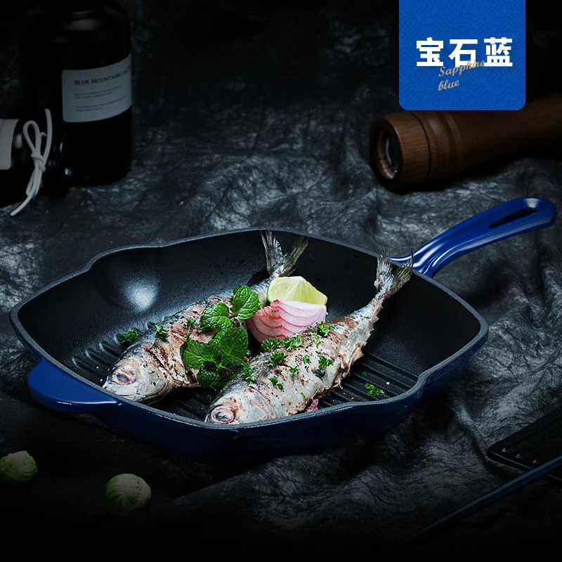 England LEBETE enamel cast iron steak frying pan square stripe steak special pan electromagnetic furnace uncoated physical