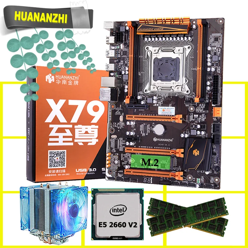 ^Cheap Discount motherboard HUANANZHI deluxe X79 gaming motherboard with M.2 NVMe slot CPU Xeon E5 2660 V2 cooler RAM 16G(2*8G) RECC