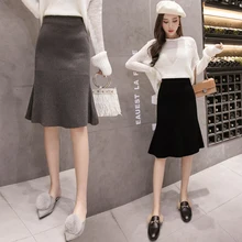 Осенняя Женская юбка «рыбий хвост», полудлина, сексуальная винтажная Черная Женская юбка-Русалка с запахом, корейский стиль, официальная юбка