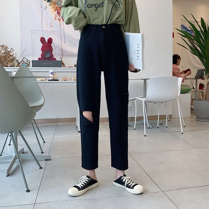 Jeans Women High Waist Black Solid Causal Slim Trousers Womens Korean Fashion Streetwear Ankle-length Vintage Washed Hole Chic
