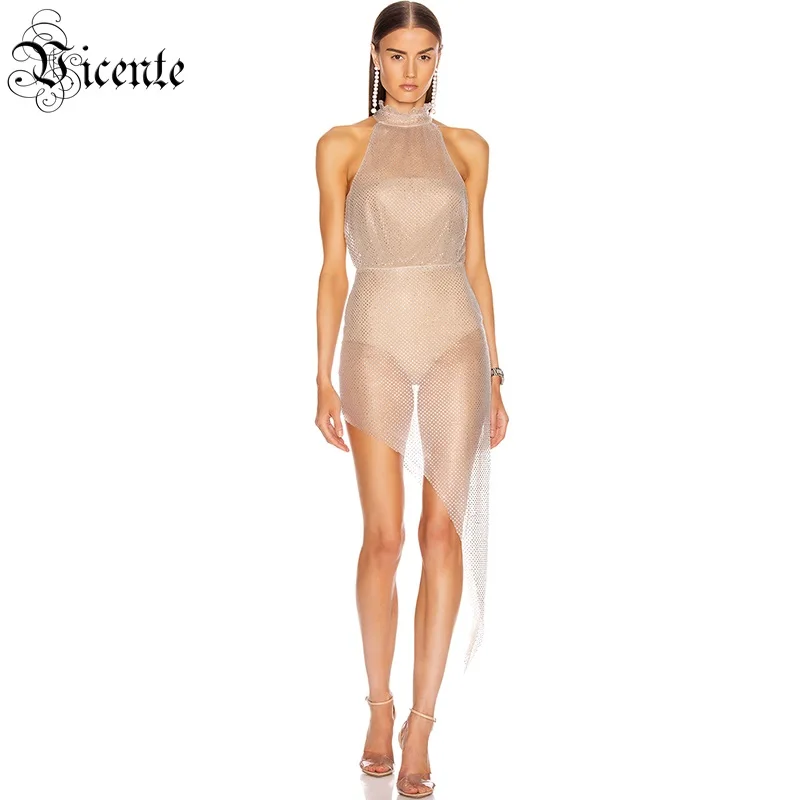 VC Free Shipping 2020 Women Beige Dress Sexy Sleeveless Sequins Celebrity Party Bandage Mesh Vestidos | Женская одежда