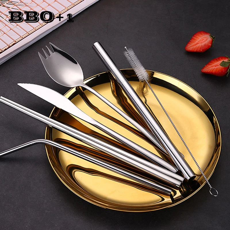 

7pcs Stainless Steel Dinnerware Set Knife Chopsticks Forks Cutlery Drinking Straw Cleaning Brush Dinner Reusable Travel with Bag
