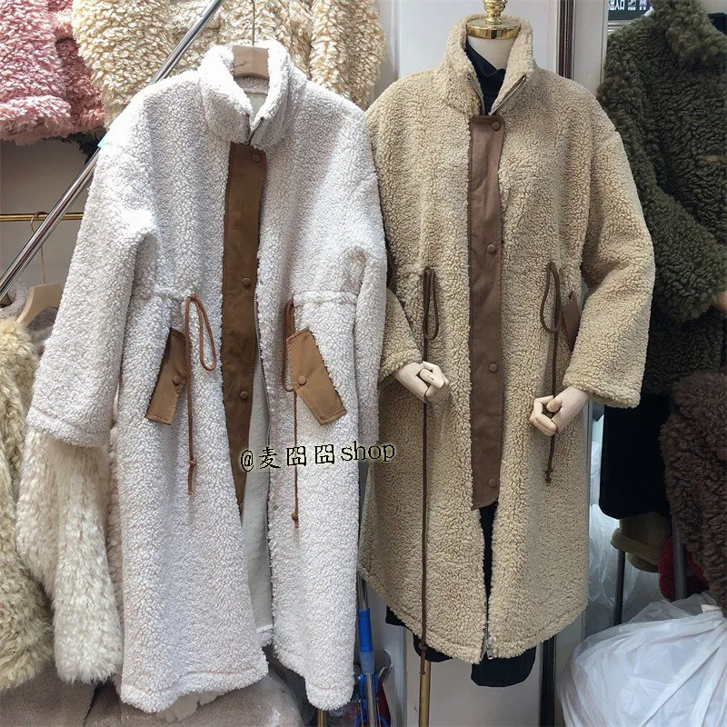 Осень-зима Высокий воротник свободные длинные Lambhair пальто со шнуровкой сапоги с мехом; большие размеры-вещи в комплекте для женщин размера плюс Для женщин зимнее пальто