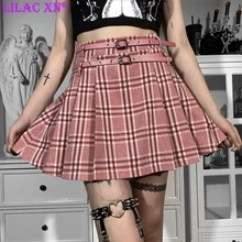 

Y2K Harajuku Pink Pleated Plaid Mini Skirts Kwaii Patchwork Belt High-waisted School Skirt Aesthetic Summer Women Girls Skirt