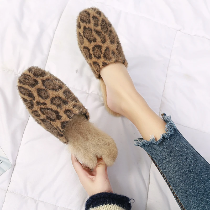

Autumn Winter Fur Slides new style flock simple women flip flops indoor square heels comfortable leopard ladies Fluffy Slippers