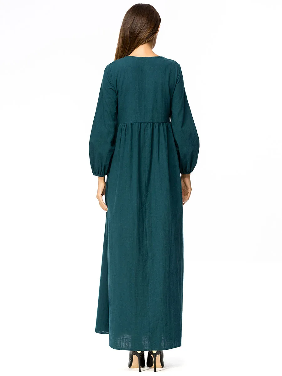 Абая для женщин вышивка с длинным рукавом мусульманское Макси платье Зеленый Арабский Дубай Исламская одежда Дамская размера плюс мода халат