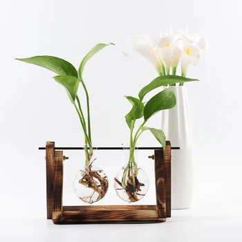 

Vintage Flower Vases Creative Hydroponic Plant Transparent Vase Wooden Frame Coffee Room Glass Tabletop Plants Home Bonsai Decor