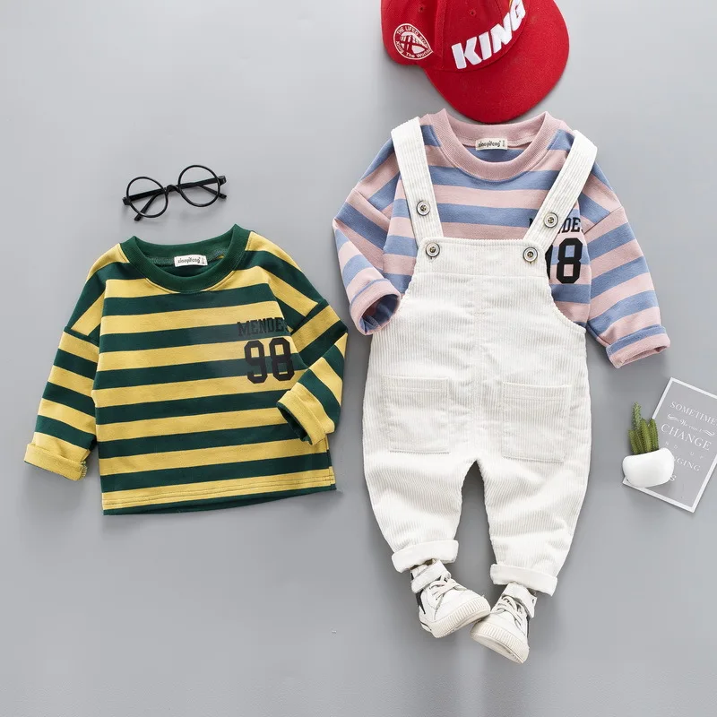 

BOY'S Spring And Autumn New Style Children Stripes Casual Crew Neck Long-sleeved Sweater Corduroy Baby Suspender Trousers Two-Pi