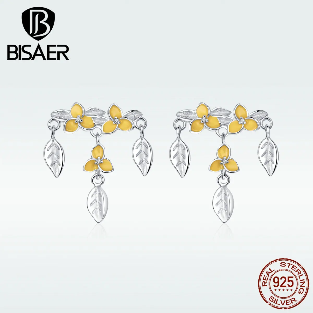 BISAER, эмалированные ослепительные серьги-гвоздики, 925 пробы, серебро, CZ, серьги для женщин, элегантные листья, ювелирные изделия, подарки для девушек, HVE062