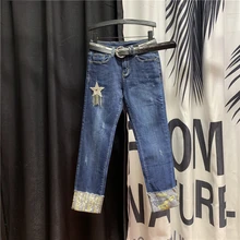 Высокая талия закатывается обрезать джинсы женские Весна Осень корейский кисточкой звезда коры синий прямые повседневные джинсы