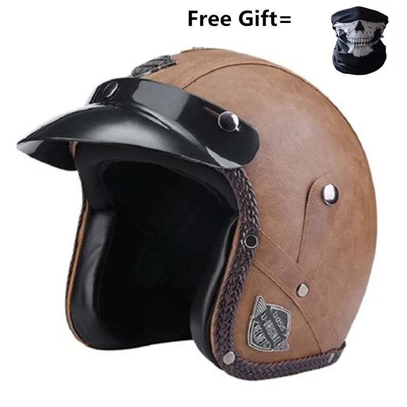 

free gift goggle Black leather DOT Approved Adult Safety 3/4 Open Face Crash Helmet for Scooter Cruiser (M)