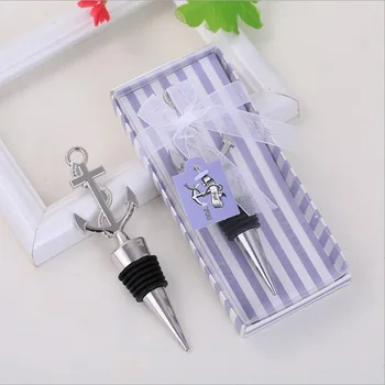 

50PCS Nautical Themed Anchor Bottle Stopper in Blue Stripe Gift Box Beach Wedding Favors Outside Bar Party Giveaways For Guest