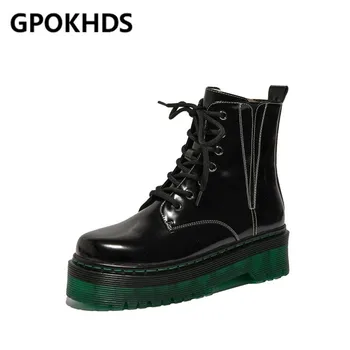 

GPOKHDS 2020 women ankle boots soft patent leather winter short plush lace up female round toe high heels equestrian boots