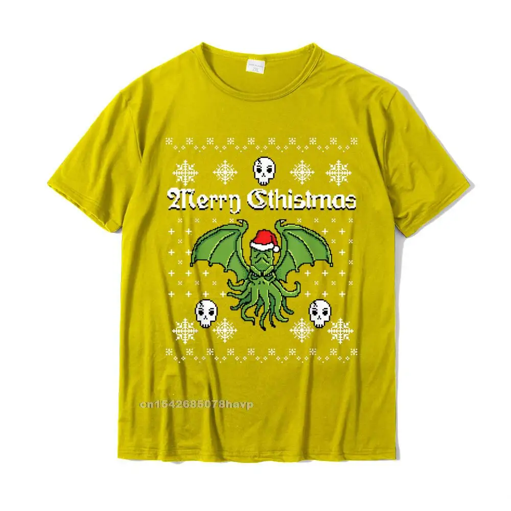 Casual T Shirt for Men Custom Labor Day Tops & Tees Short Sleeve New Design Summer Tops Tees Crew Neck 100% Cotton Merry Cthistmas Cthulhu Ugly Christmas Sweater Shirt__20392. yellow