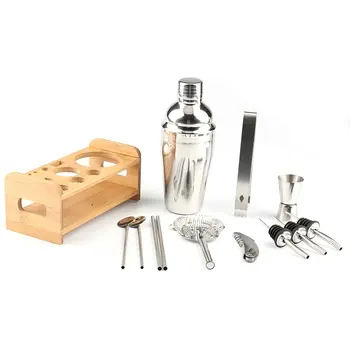 

12pcs Stainless Steel Cocktail Shaker Mixer Wine Martini Shaker Set with Wooden Rack for Bartender Drink Party Bar Tools