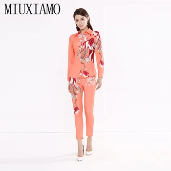 

MIUXIMAO 2019 High Quality Autumn Fashion Turn-down Collar Long Sleeve Bloose + Full Length Pants Office Lady Suit Women