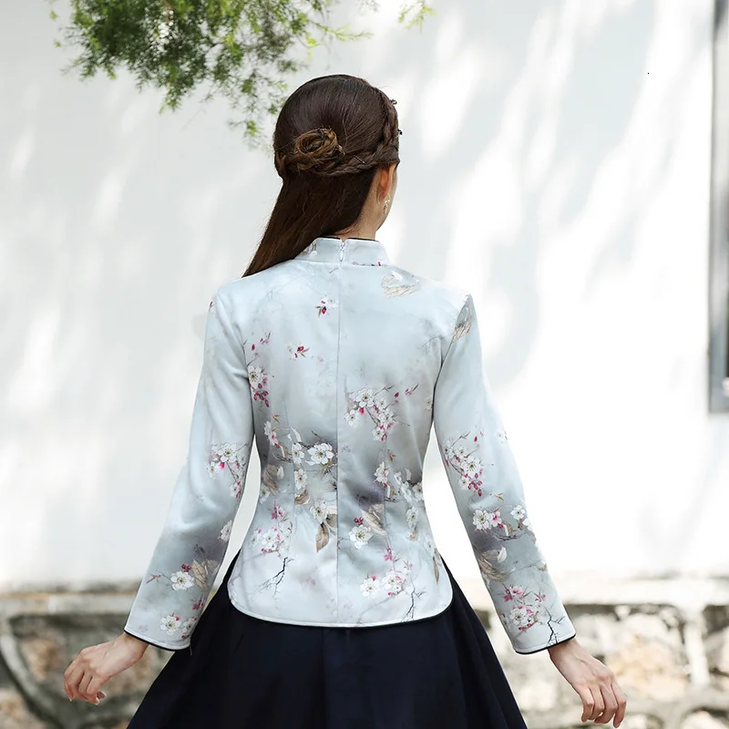 Sheng Coco блузки Qipao рубашки с длинным рукавом китайский стиль печати женский Чонсам Топы традиционная одежда осенние Топы Ципао