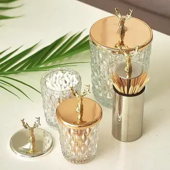

Metal Deer Head Glass Decoration Storage Box Creative Living Room Crystal Storage Sugar Cans Soft Decorations