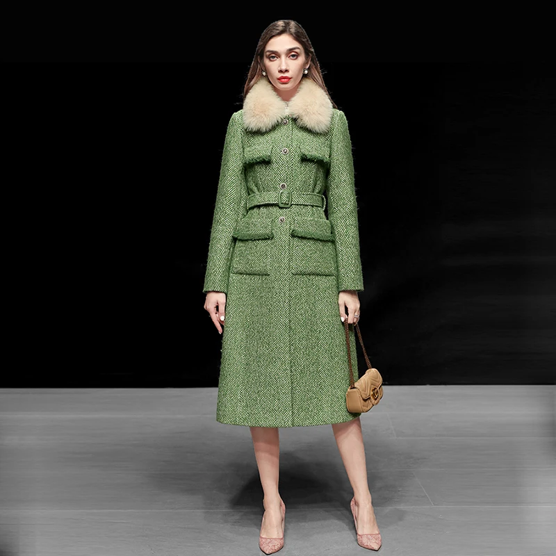 

Women Green Tweed Wool Blends Coat Autumn Winter 2020 New Fashion Fur Collar Thick Long Slim Tweed Woolen Outerwear